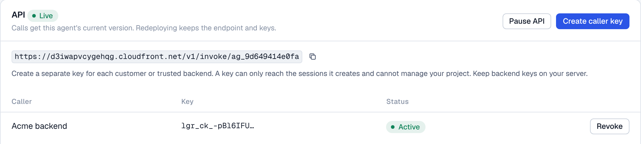 The API tab of an agent: the endpoint, a live status and a caller key