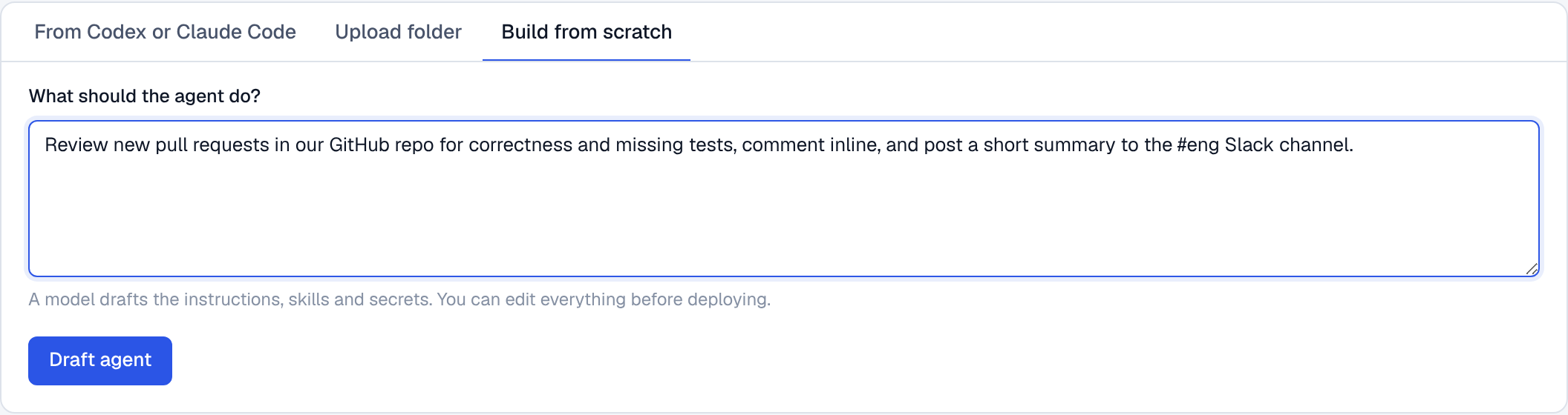 The Describe it tab of New agent, with a description of a pull request review agent